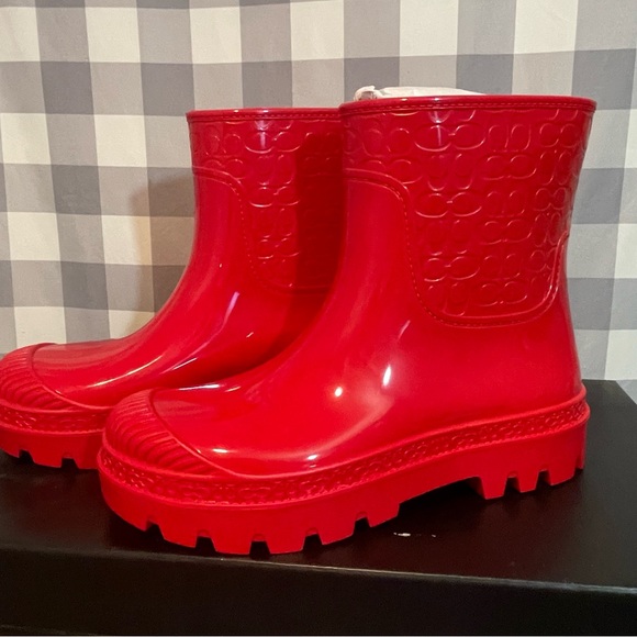 Coach Millie Rubber Cherry Red platform Rain Boots Sz 8 - Picture 1 of 8